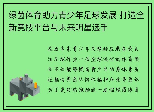 绿茵体育助力青少年足球发展 打造全新竞技平台与未来明星选手