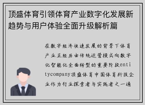 顶盛体育引领体育产业数字化发展新趋势与用户体验全面升级解析篇